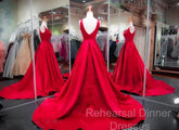 A Line Red Semi Formal Prom Dresses V Neck Satin Long Evening Dress